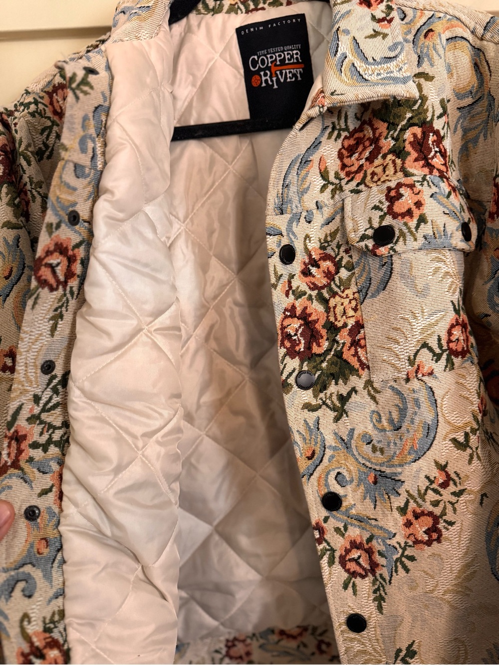 Copper Key Cream Tapestry Jean Jacket with Blue Scrolls & Red Floral - Picture 5 of 8